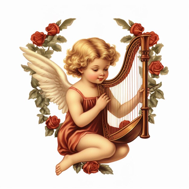 Il y a un petit ange qui joue de la harpe avec des roses autour de lui.