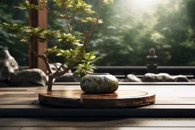 Photo il y a un petit arbre dans un vase sur un plateau en bois ai génératif