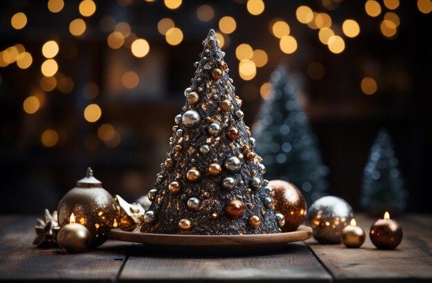 Il y a un petit arbre de Noël avec des ornements sur une assiette générative ai