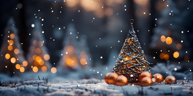 Il y a un petit arbre de Noël avec des ornements dans la neige.