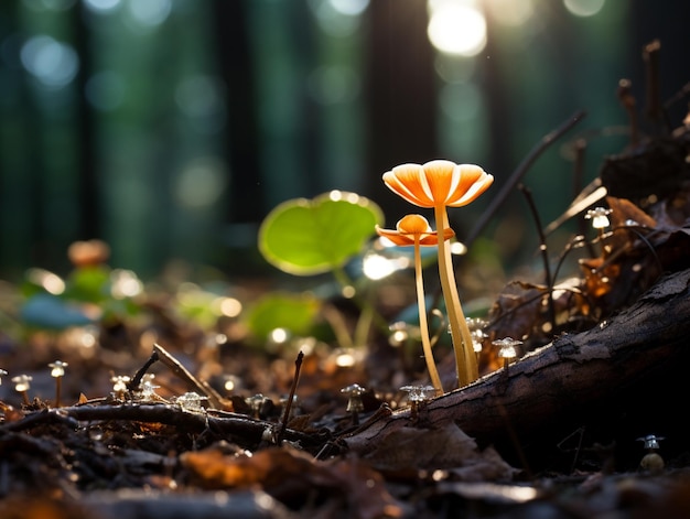 Il y a un petit champignon orange qui pousse dans le sol.