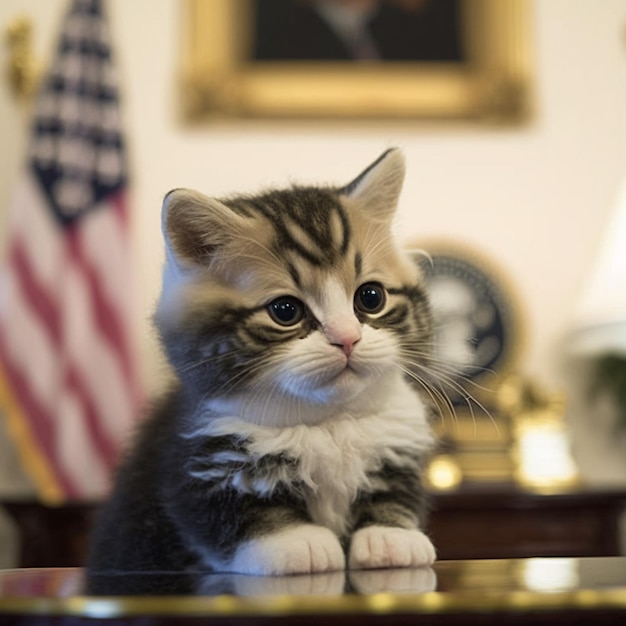 il y a un petit chaton assis sur un bureau dans une pièce ai générative