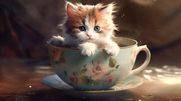 Il y a un petit chaton assis dans une tasse de thé sur une table ai générative