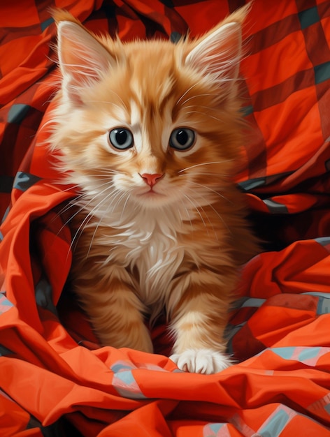 Photo il y a un petit chaton orange assis sur une couverture rouge.