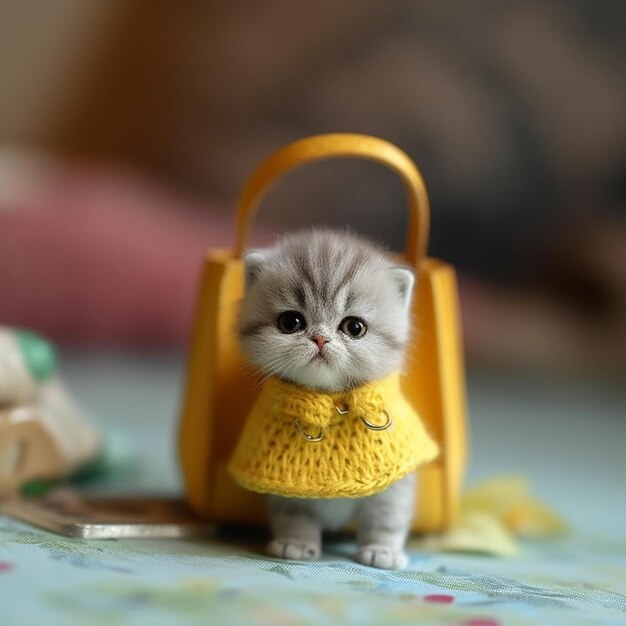 Il y a un petit chaton qui porte un pull jaune et un sac à main jaune.