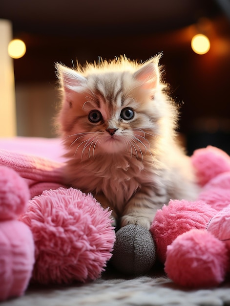 Il y a un petit chaton qui repose sur une couverture rose.