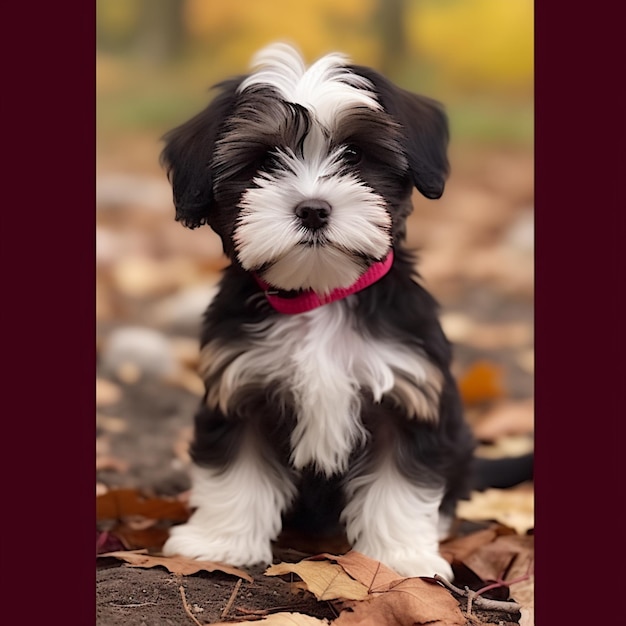 Photo il y a un petit chien noir et blanc assis par terre ai génératif