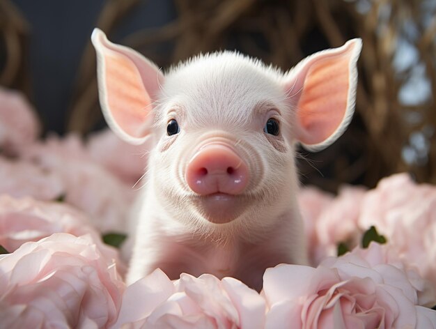 Il y a un petit cochon qui est assis dans un lit de fleurs générative ai