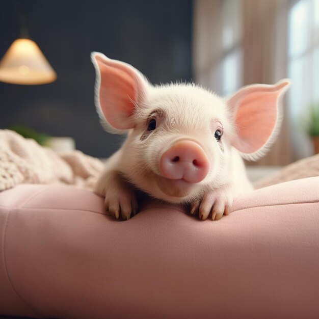 Photo il y a un petit cochon qui repose sur un oreiller rose.