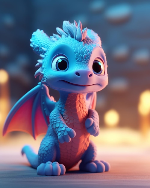 Il y a un petit dragon bleu assis sur une table générative ai