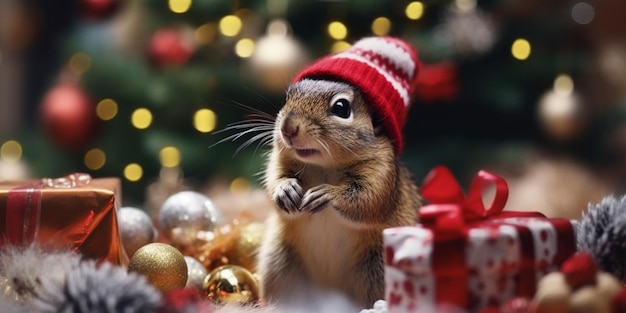 Il y a un petit écureuil qui porte un chapeau rouge et un chopeau rouge et blanc.