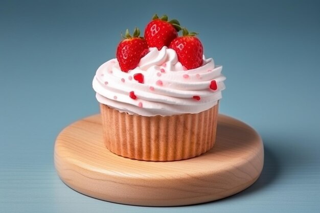 Il y a un petit gâteau avec du glaçage blanc et des fraises sur le dessus de l'ai générative