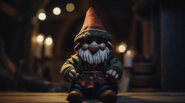 il y a un petit gnome assis sur une table ai générative