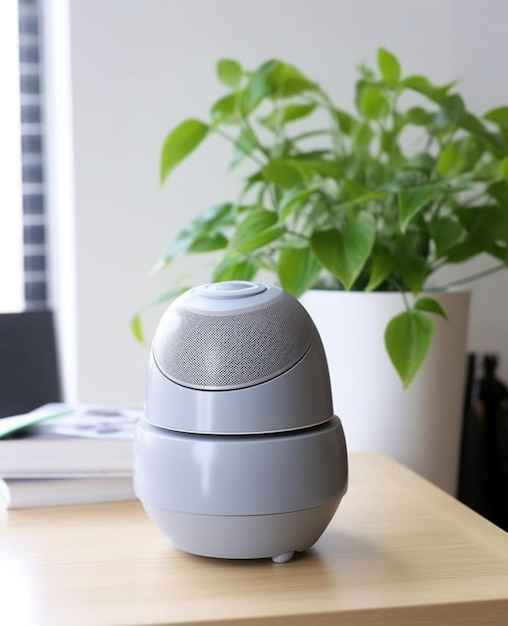 Photo il y a un petit haut-parleur assis sur une table à côté d'une plante générative ai