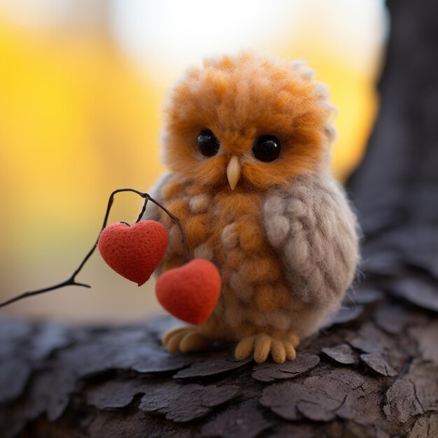 Photo il y a un petit hibou en peluche qui tient un cœur sur une branche d'arbre.