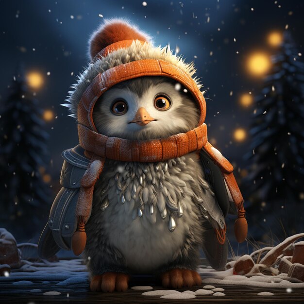 Il y a un petit hibou qui porte un chapeau et une écharpe.