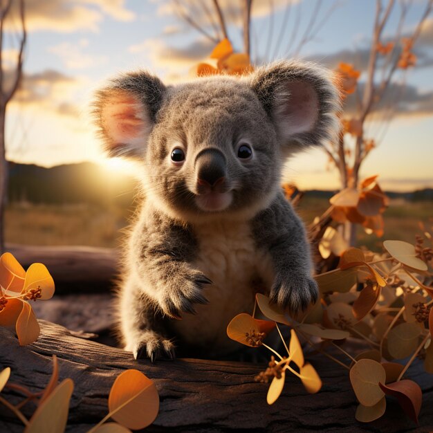 il y a un petit koala assis sur une bûche générative ai