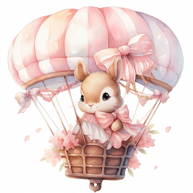 Il y a un petit lapin dans un panier avec un arc rose.