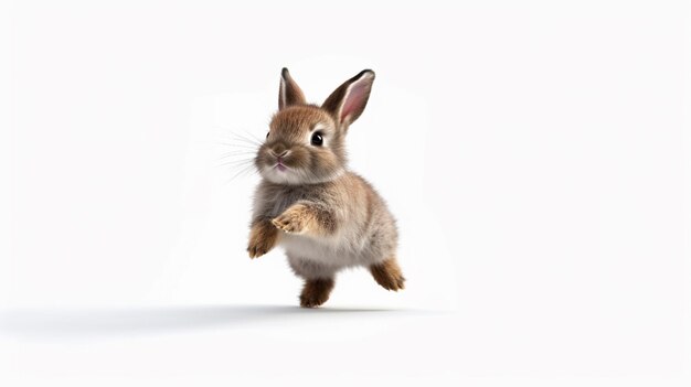 Il y a un petit lapin qui saute dans l'air.