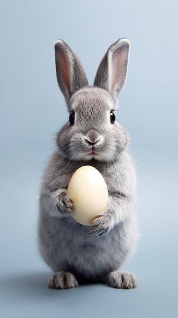 Il y a un petit lapin qui tient un œuf dans ses pattes.