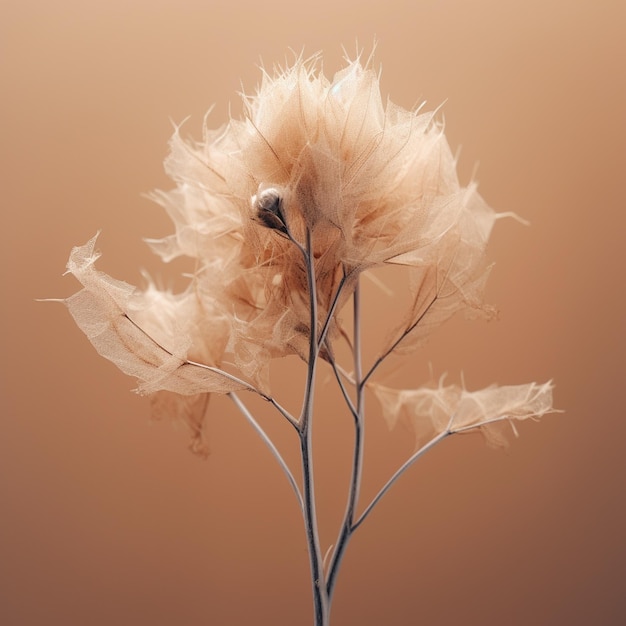 Il y a un petit vase avec une fleur qui a des plumes sur lui.