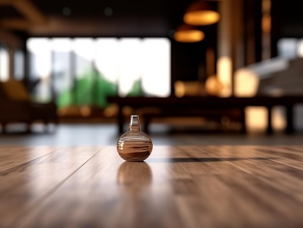 il y a un petit vase posé sur une table en bois dans une pièce ai générative