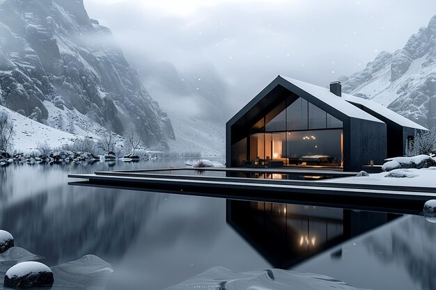 Il y a une petite cabane sur un lac dans les montagnes.