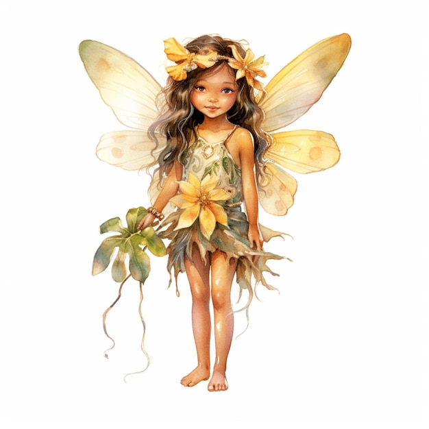 Il y a une petite fille déguisée en fée avec une fleur dans les cheveux.