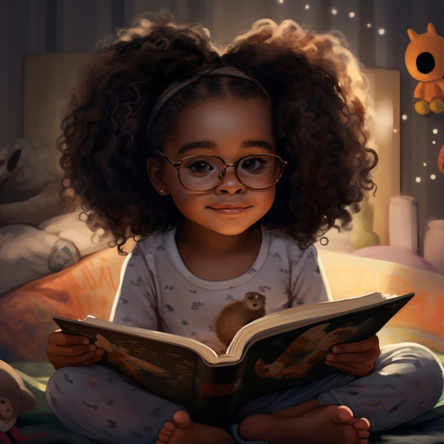 Il y a une petite fille qui lit un livre dans son lit avec des ours en peluche.