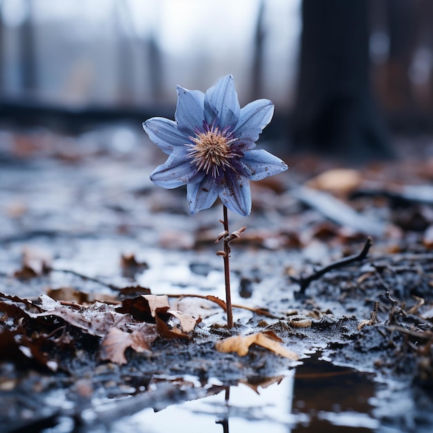 Il y a une petite fleur bleue qui pousse hors du sol ai générative