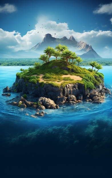 Il y a une petite île avec un arbre au-dessus d'elle générative ai