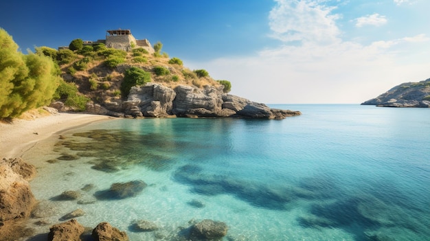 Il y a une petite île avec un château au-dessus d'elle générative ai