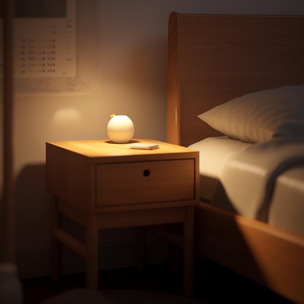 Il y a une petite lampe sur une table de nuit à côté d'un lit générateur ai