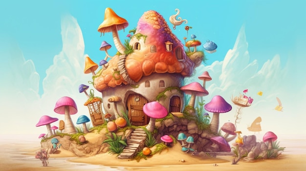 Il y a une petite maison avec beaucoup de champignons sur elle.