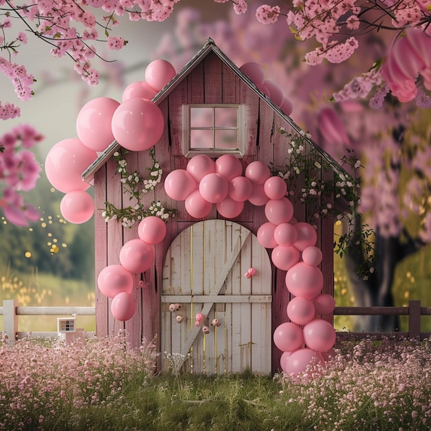 Il y a une petite maison en bois avec des ballons attachés à elle.