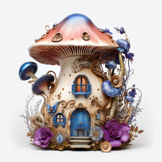 Il y a une petite maison de champignons avec une porte bleue et des fleurs violettes.