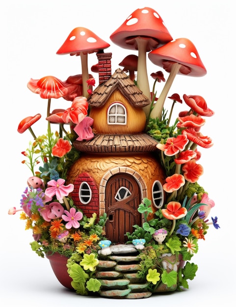 Il y a une petite maison avec un jardin de champignons et de fleurs générative ai