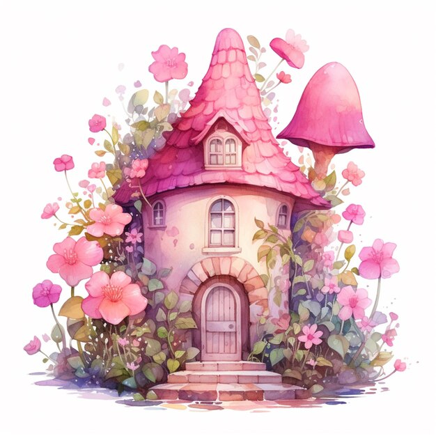 Il y a une petite maison avec un toit rose et un toit rose génératif ai