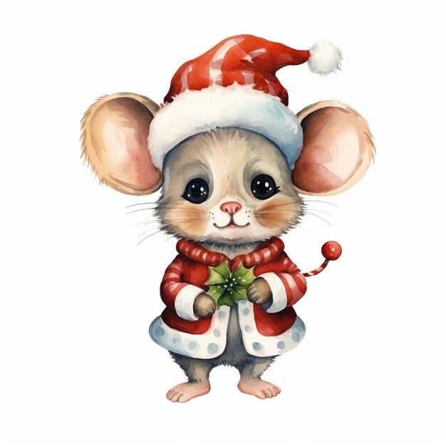 il y a une petite souris portant un bonnet de Noel et tenant une IA générative de baies de houx