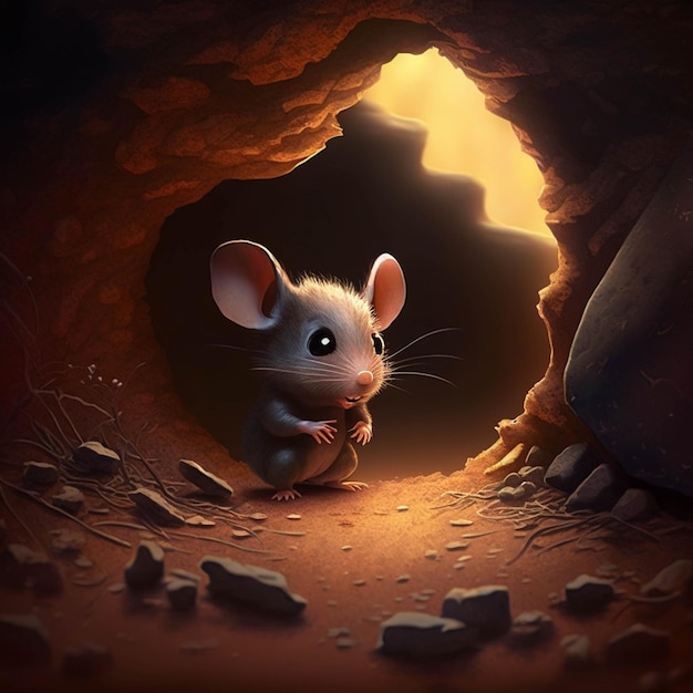 Il y a une petite souris qui est assise dans une grotte ai générative