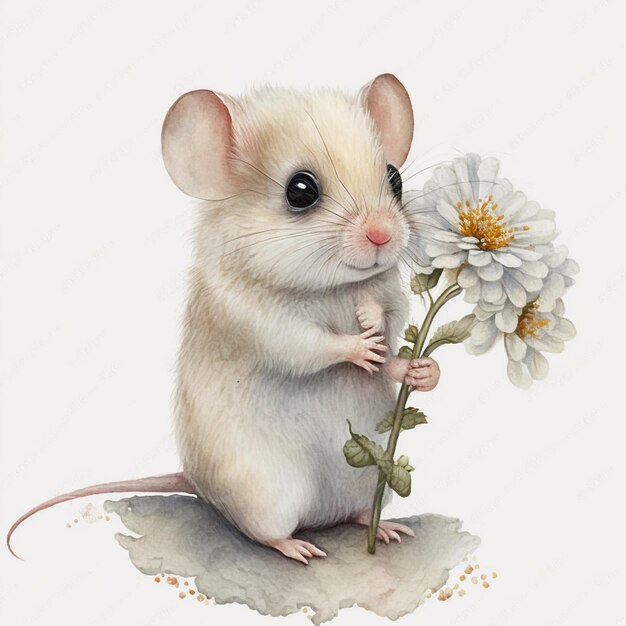 Il y a une petite souris qui tient une fleur dans sa main.