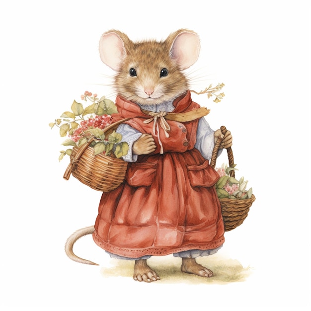 il y a une petite souris qui tient un panier de fleurs ai générative