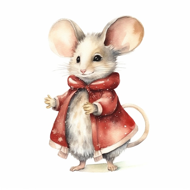 Il y a une petite souris vêtue d'un manteau rouge et d'un arc rouge ai génératif