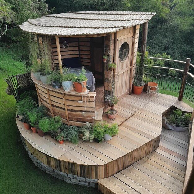 Il y a une petite structure en bois avec une terrasse et une plante en pot générative ai