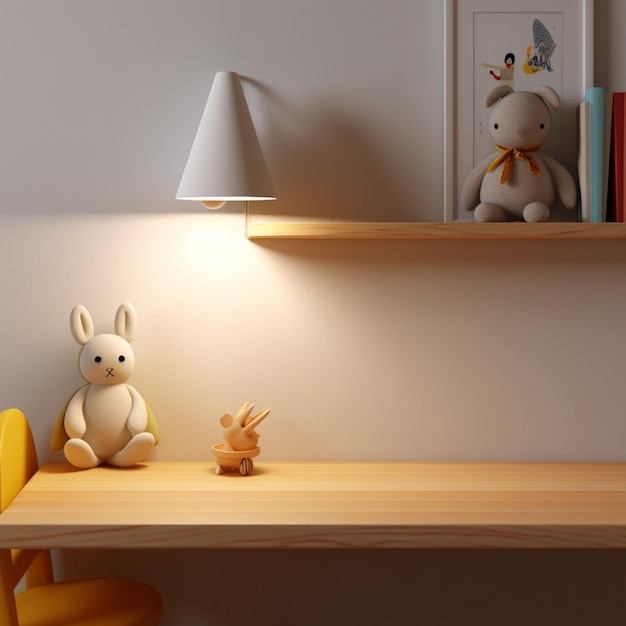 Il y a une petite table avec une lampe et un animal en peluche sur elle générative ai