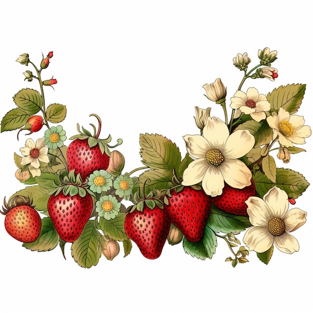 il y a une photo d'un bouquet de fraises avec des fleurs ai génératif