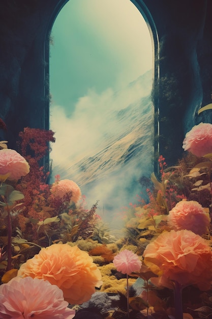 il y a une photo d'un jardin avec des fleurs et une montagne en arrière-plan IA générative
