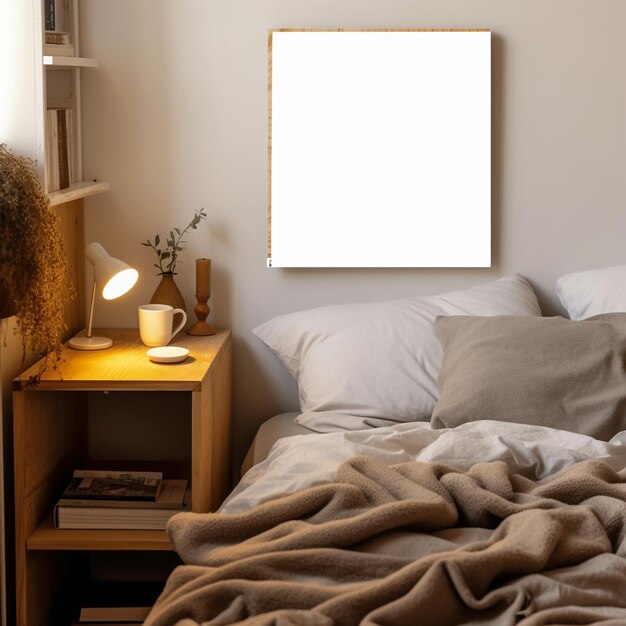 Photo il y a une photo d'un lit avec une couverture et une lampe générative ai