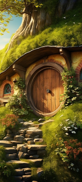 il y a une photo d'une maison de hobbitt dans les bois ai génératif