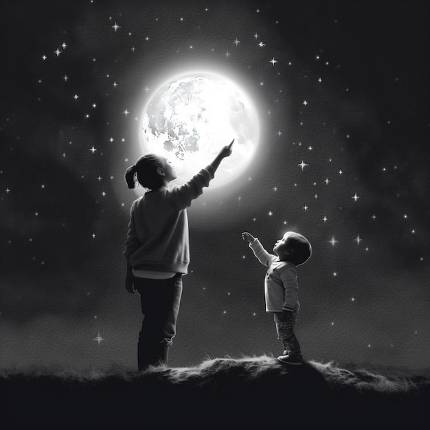 Photo il y a une photo en noir et blanc d'un petit garçon et d'une fille cherchant la lune ai générative